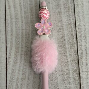 Pink Floral Bling Pen with Faux Fur Pom